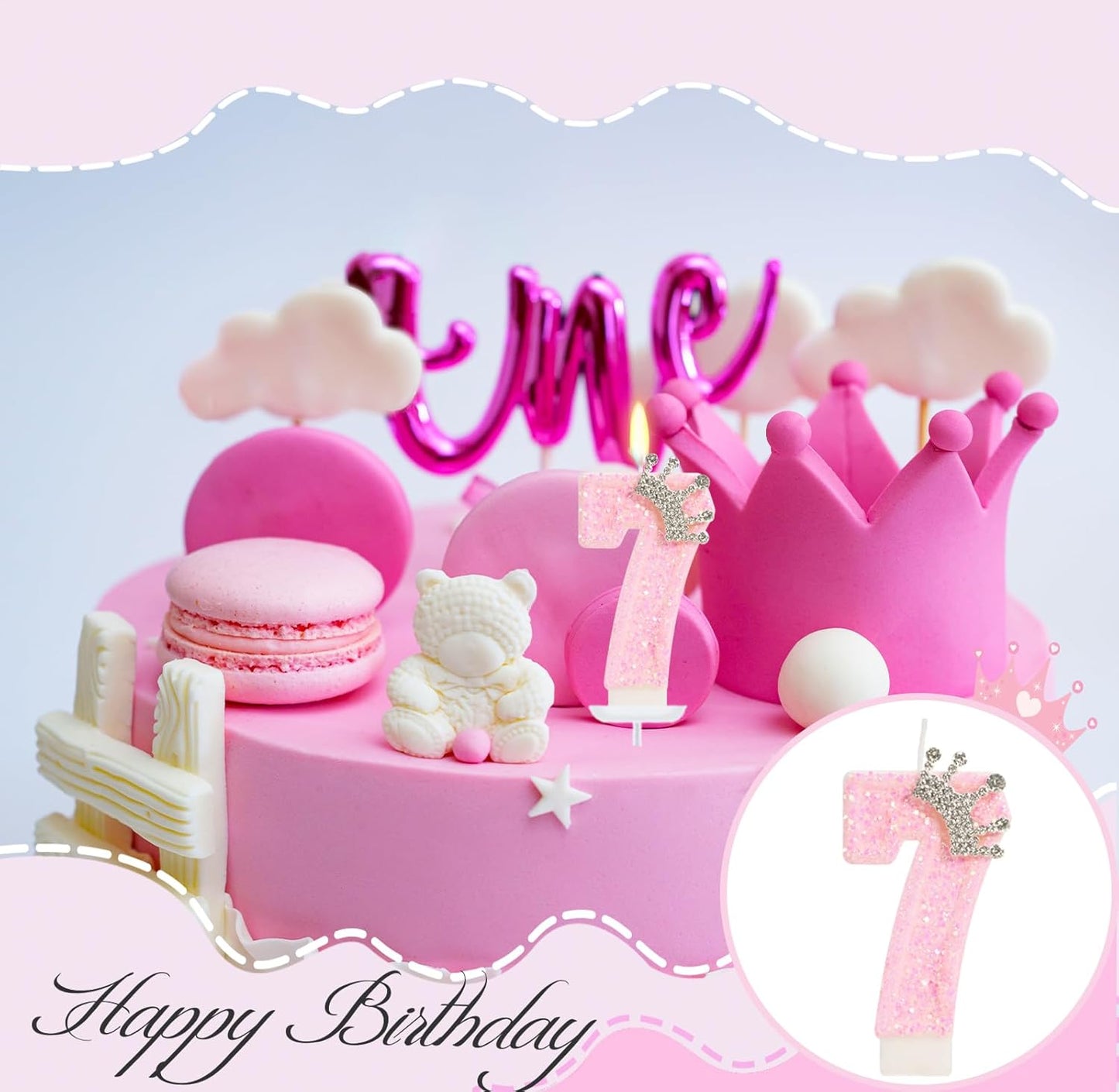 Birthday Candle for Cake, Crown Pink Number Candles, 2.76 inch Cake Topper Decoration for Birthday Party (Number 7)