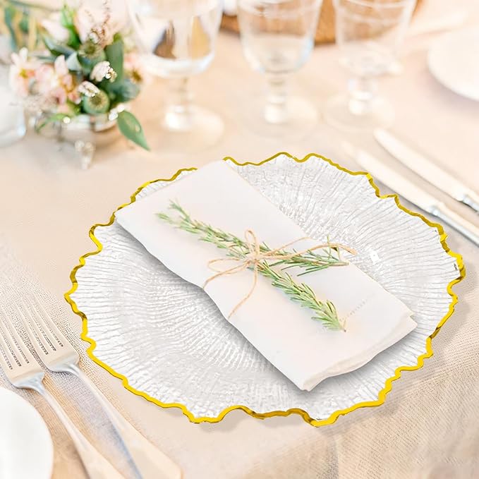 50 Pcs Clear Charger Plates Bulk 13 Inch Plastic Charger Plates for Dinner Plate, Clear with Gold Rim Chargers for Table Setting, Reef Design Plate Floral Decor Round Chargers for Wedding Party Event