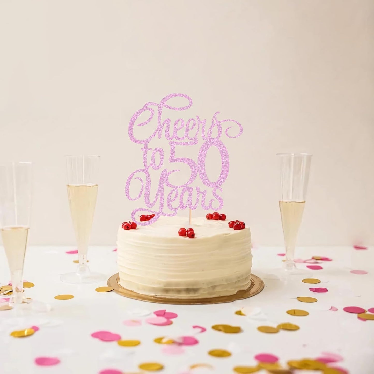 Cheers to 50 Years Cake Topper - Pink Glitter 50th Birthday Cake Decorating Supplies, Perfect for 50th Anniversary or Fifty Birthday Party, Photo Booth Props