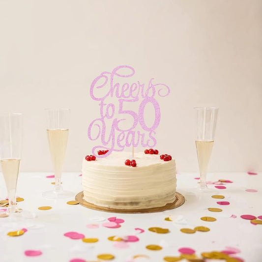 Cheers to 50 Years Cake Topper - Pink Glitter 50th Birthday Cake Decorating Supplies, Perfect for 50th Anniversary or Fifty Birthday Party, Photo Booth Props