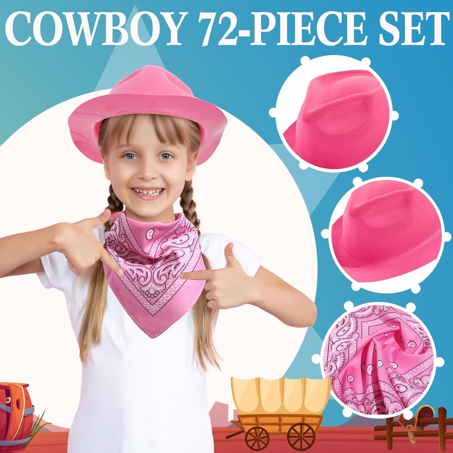 Hillban 72 Pcs Western Cowboy Hat and Paisley Bandana Set for Kids Felt Cowboy Party Hats for Costume Party Favors(Pink)