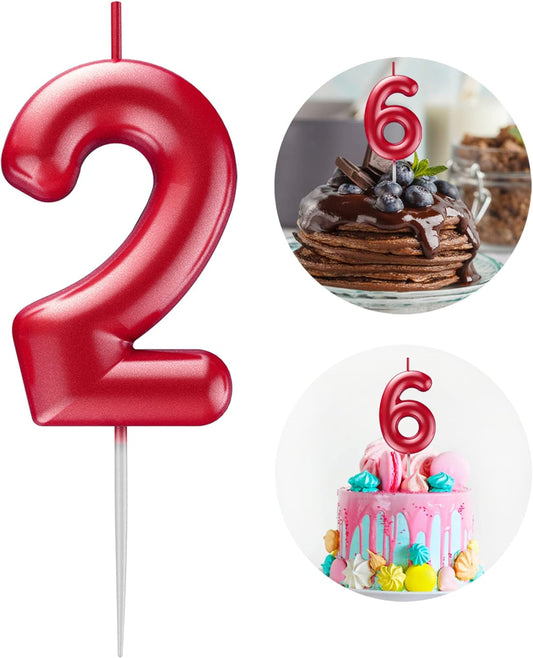 Red Number 2 Candle Happy Birthday 3D Number Candles for Birthday Cake Party Decoration Wedding Anniversary Celebration Supplies