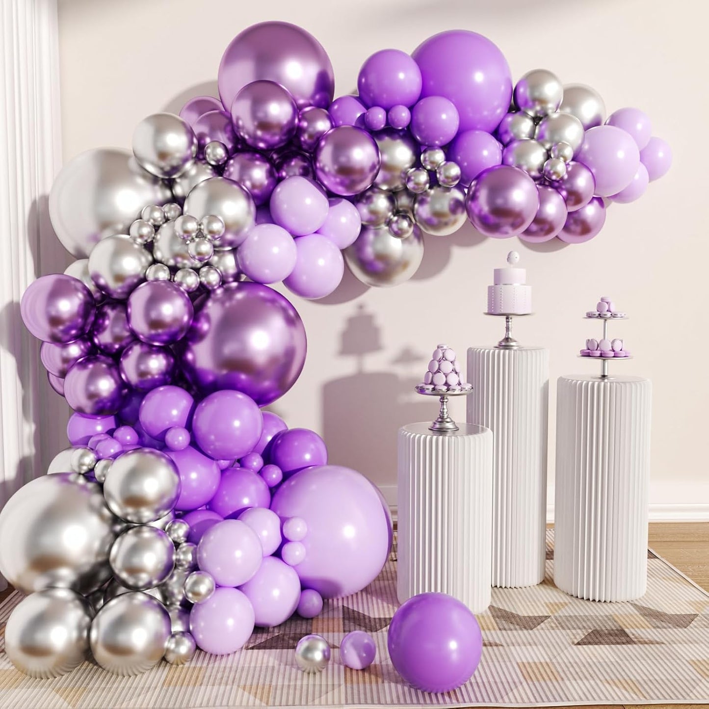 62 Pcs 12 Inch Black White Purple Balloons Arch Kit, Matte Black and White Metallic Purple Confetti Party Balloons with Ribbons for Birthday, Wedding, Baby Shower, Graduation Decorations