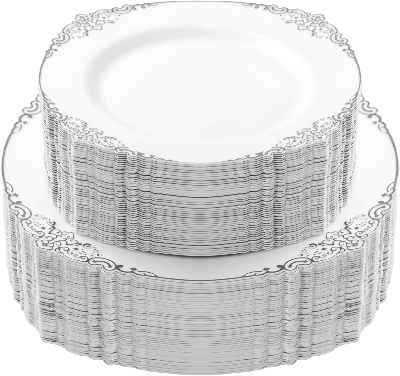 100 PCS White and Silver Disposable Plastic Plates for 50 Guests - 50 Dinner Plates, 50 Dessert Plates for Party, Wedding, and Graduation