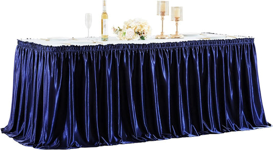 Wish Care 6ft Navy Blue Satin Table Skirt for Rectangle Tables Wrinkle Free Glitter Desk Skirts Pleated Ruffle Table Cloth for Wedding Birthday Baby Shower Party Banquet Cake Teacher Table Decorations