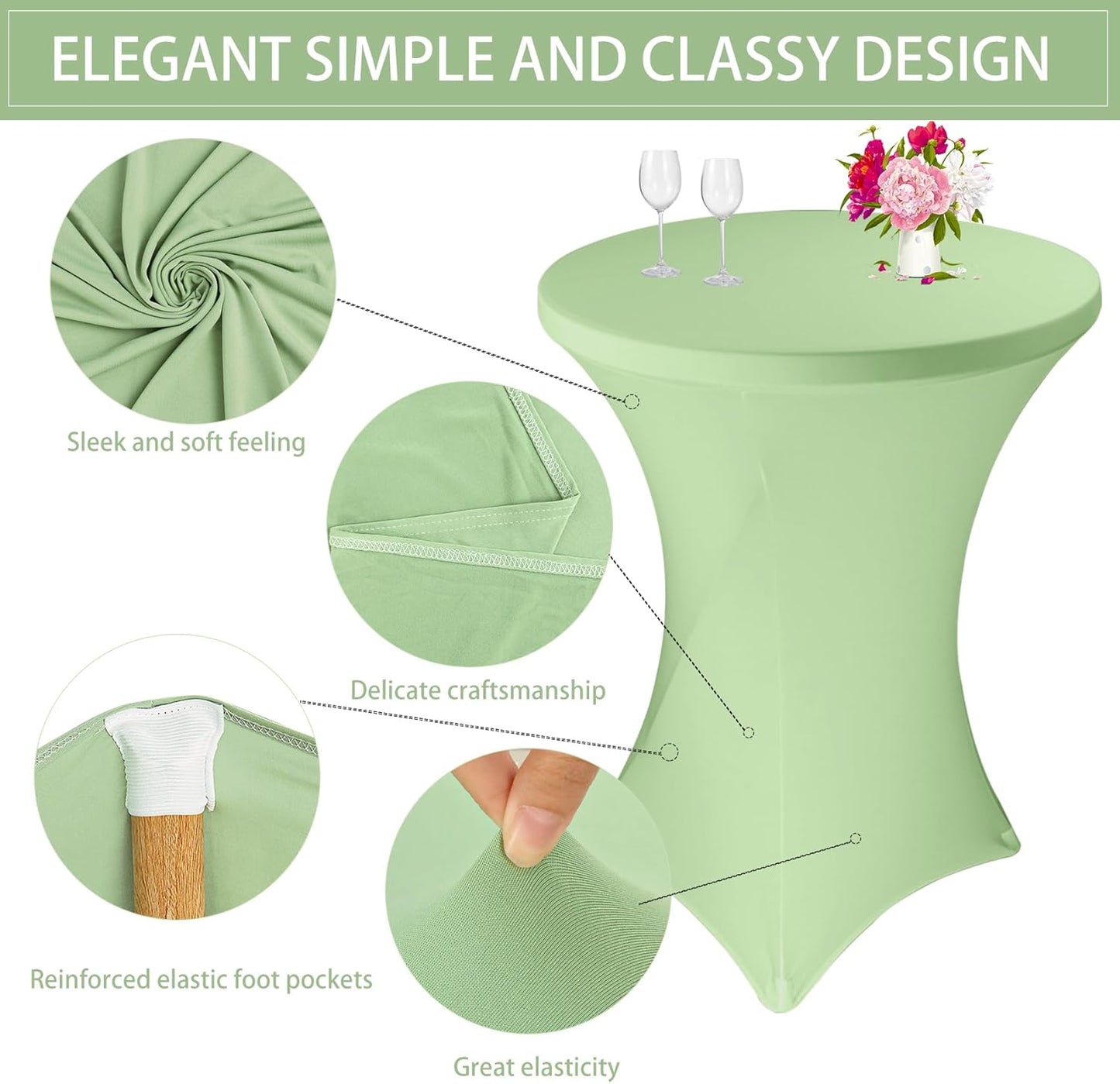 6 Pack Cocktail Spandex Tablecloth 32"x43" Sage Green Stretch Square Corners Cocktail Table Cover Fitted High Top Round Table for Bar Wedding Birthday Party Banquet