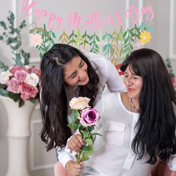 Giga Gud Happy Mother's Day Banner Set Decoration for Mom's Day Party Decorations Backdrop Garland for Mom Mother's Day Glitter Garland Photo Props (Pink Letter Flower)
