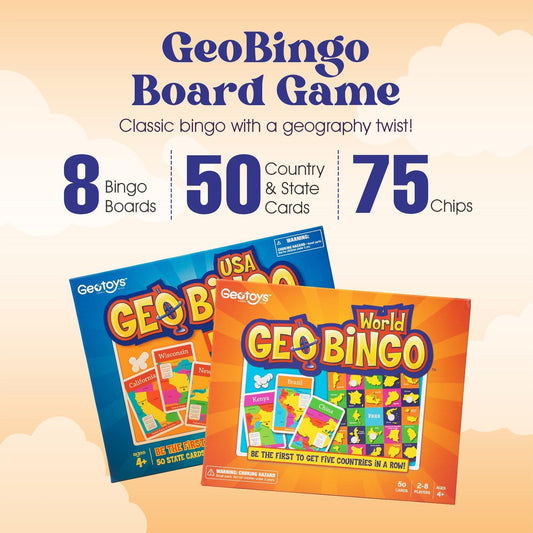 GeoToys GeoBingo Set, World & USA Bingo for Kids, Geography Game for Home & School, Bingo Games for Family, Play & Learn USA States and Capitals & World Countries - Game for Kids Ages 4 and Up