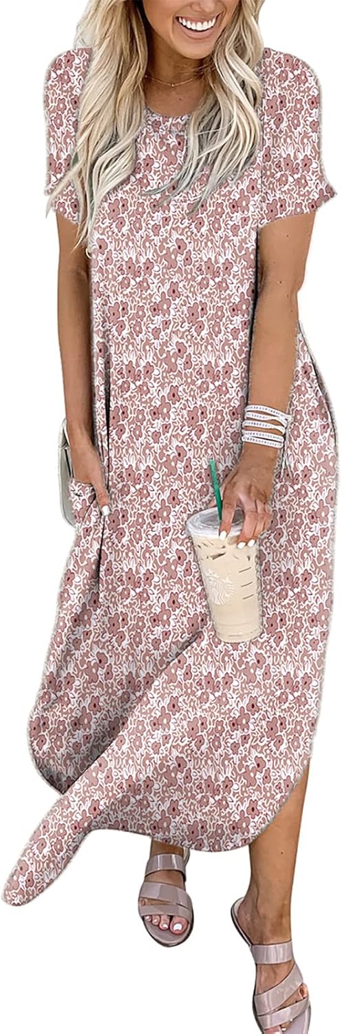 ANRABESS Womens Summer Maxi Dress Short Sleeve Casual Loose Long T Shirt Dresses Split Vacation Beach Sundress Travel Outfits