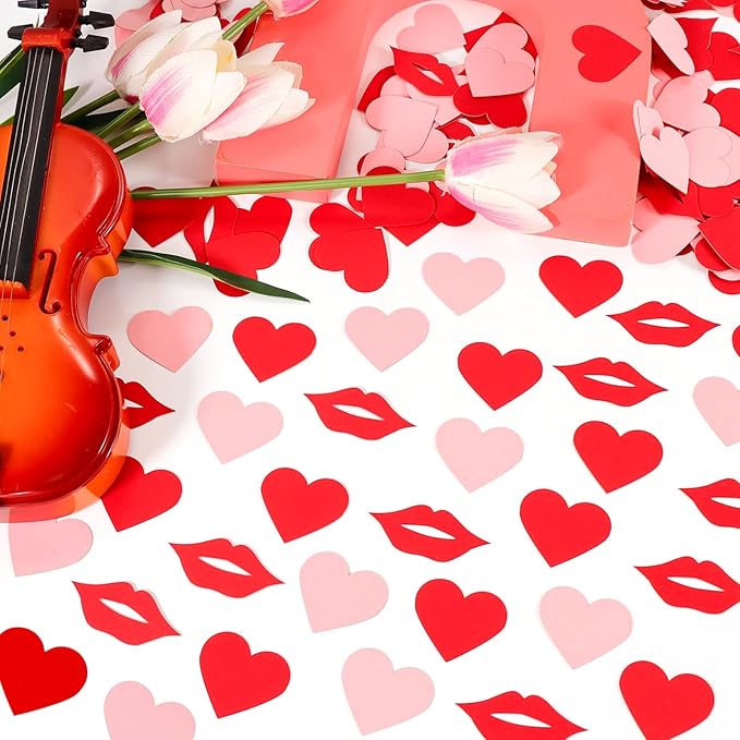 200 Pcs Red Lips and Pink Hearts Confetti Mix - Valentine's Day Confetti for Parties, Romantic Wedding Decor, Table Scatter, Anniversary & Proposal Decorations
