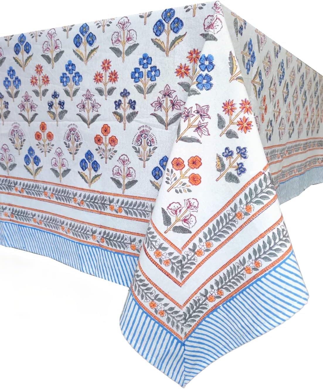 ATOSII Flora Bloom 100% Cotton Rectangle Boho Fall Tablecloth, Handblock Floral Table Cloth Linen for Kitchen Dining I Parties Wedding Outdoors Christmas Thanksgiving I 72 X 108 Inches I 8 Seater