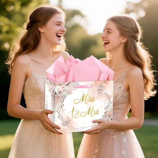 EIGHTSTATES Floral Boho Bridal Shower Gift Bag - Pink Miss to Mrs Wedding Gift Bags with Card & Tissue Paper - Bridal Shower Party Favors, Bachelorette Party Supplies & Wedding Gift Wrapping