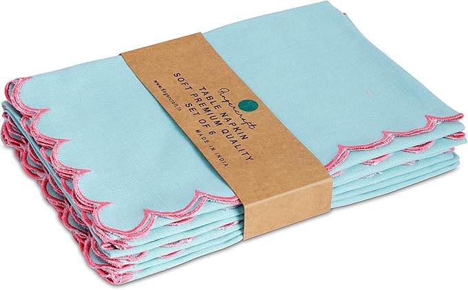 FINGERCRAFT Cloth Napkins, Everyday Use Reversible Scallop Design, Premium Quality Cotton Linen Blend Napkin Set of 6 Perfect for Parties Dinners Weddings Easter Napkin Cloth 20x20 Inch Aqua