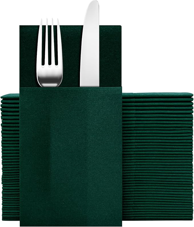 Dark Green Napkins Hand Towels Disposable, Linen-Feel Dinner Napkins with Prefolded Built-in Flatware Pocket, Guest Paper Hand Towels for Christmas Wedding Reception (16x16in, 50Pack）