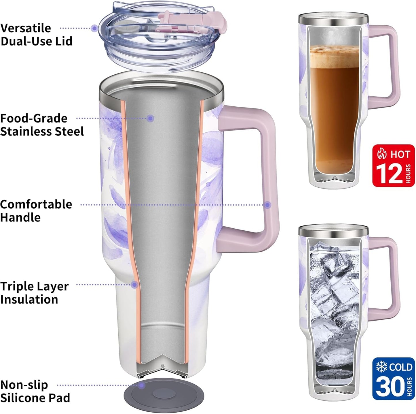 THILY 40 oz Stainless Steel Tumbler with Handle - Vacuum Insulated Travel Cup, Splash-Proof & Leakproof Lid, 2 Straws & Brush | Keeps Cold 34H/Hot 12H, Cupholder Friendly, Violet Leaves