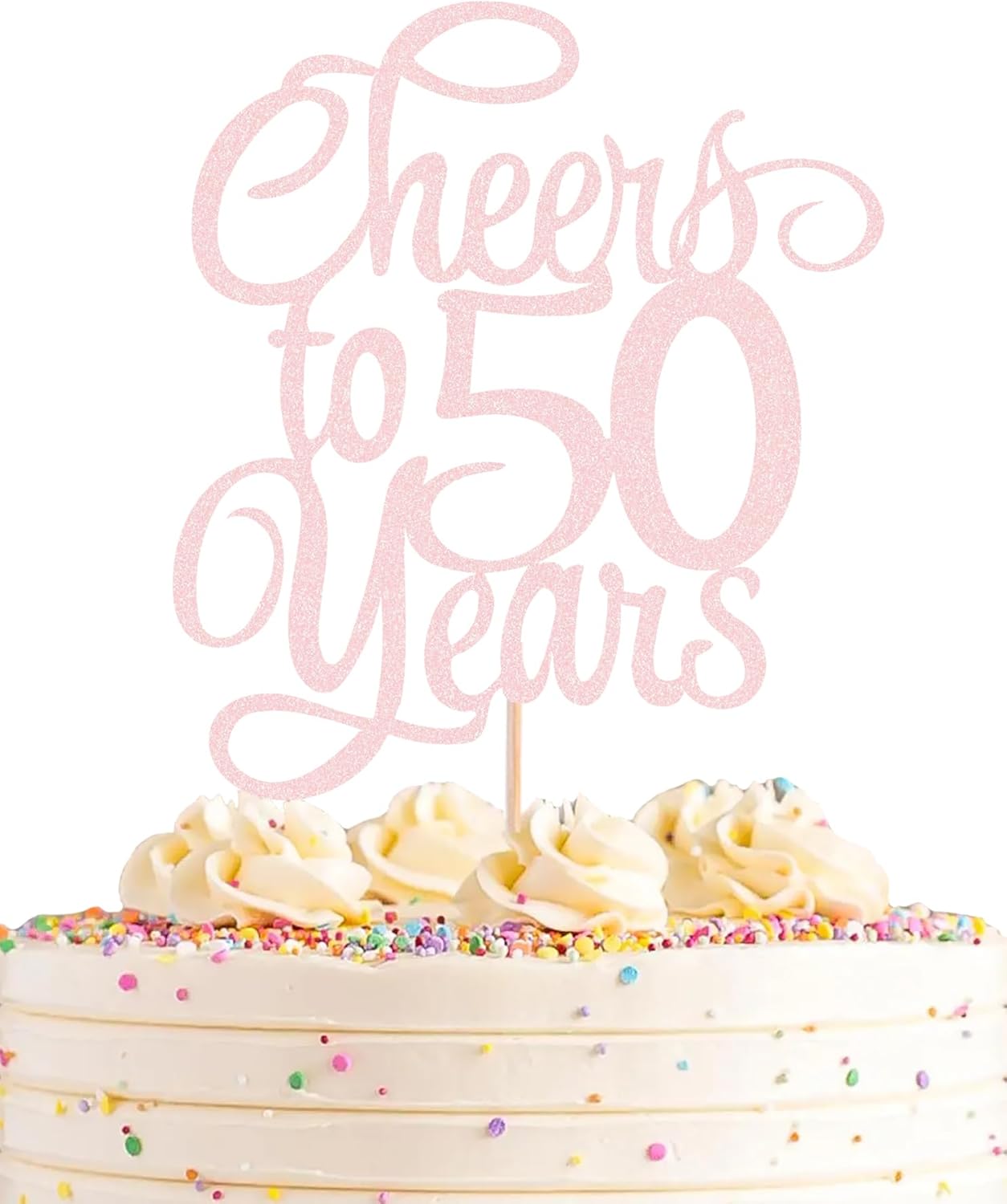 Cheers to 50 Years Cake Topper - Light Pink Glitter 50th Birthday Cake Decorating Supplies, Perfect for 50th Anniversary or Fifty Birthday Party, Photo Booth Props