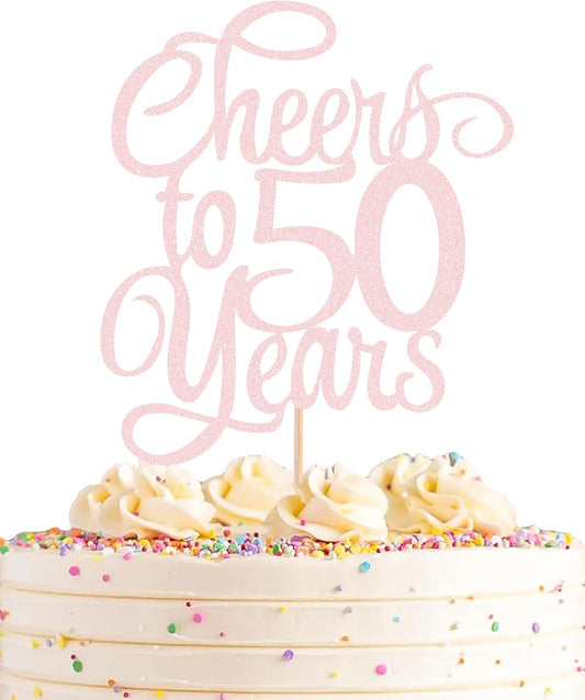 Cheers to 50 Years Cake Topper - Light Pink Glitter 50th Birthday Cake Decorating Supplies, Perfect for 50th Anniversary or Fifty Birthday Party, Photo Booth Props