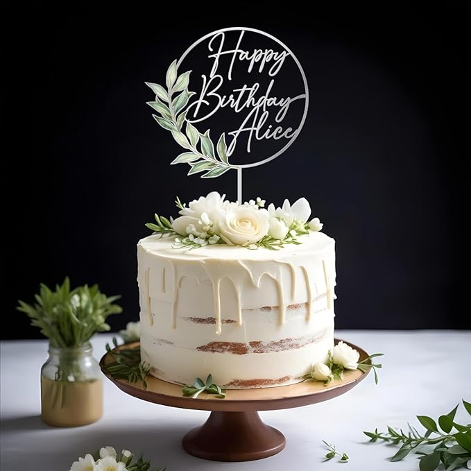 Happy Birthday Cake Topper Custom Name Personalized Birthday Cake Decoration with Green Leaves (Style 01)