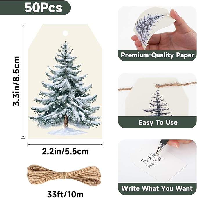 Anwyll Christmas Gift Tags with String - 50Pcs Vintage Merry Christmas Tags for Gifts Xmas Gift Tag Personalized Christmas Tree Label Happy Holiday Tag for Present Wrap Goodie Bag Holiday Party Favors