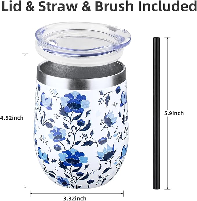 12 oz Insulated Wine Tumbler with Lid and Straw,Stainless Steel Stemless Wine Tumbler Glasses Double Wall Vacuum Wine Cups Tumbler Bulk for Coffee,Cocktail,Office (Blue and White Porcelain,4)