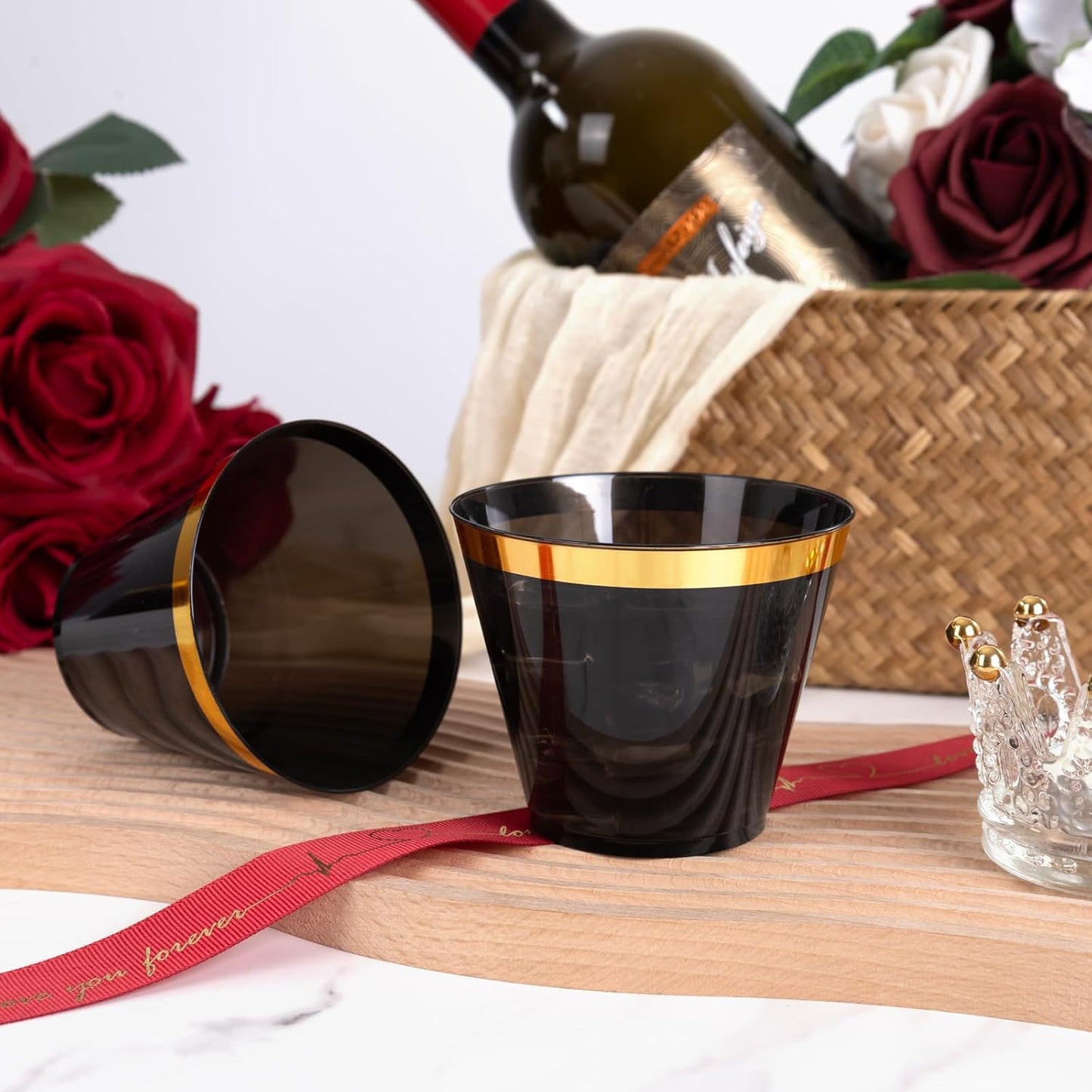 supernal 100 Pcs 9 oz Gold and Black Plastic Cups,Gold Rimmed Disposable Cups,Disposable Party Cup party,Plastic Cocktail Cups for Weddings, Birthdays & Festive Celebrations