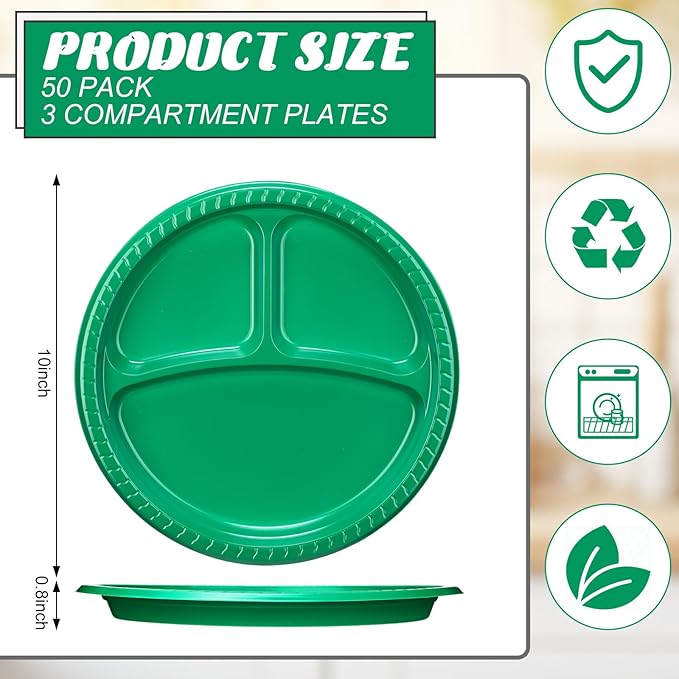 50 Pcs 10 Inch Plastic 3 Compartment Divided Plates Heavy Disposable Plates Duty Round Dinner Plates with Dividers for Wedding Birthday Party Dinnerware(Green)