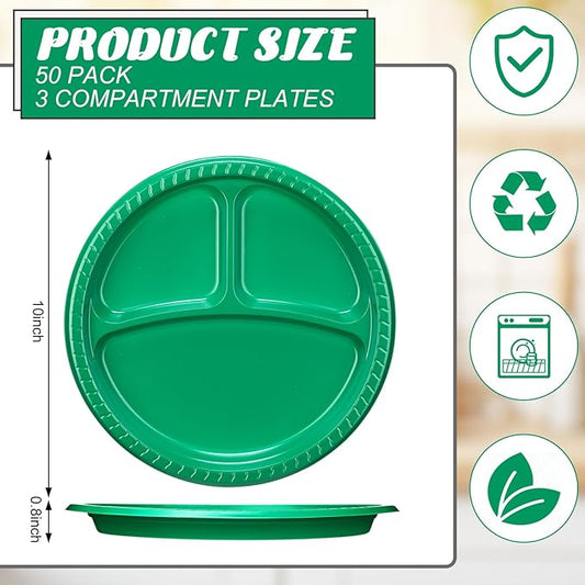 50 Pcs 10 Inch Plastic 3 Compartment Divided Plates Heavy Disposable Plates Duty Round Dinner Plates with Dividers for Wedding Birthday Party Dinnerware(Green)