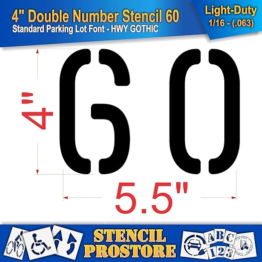 Pavement, Curb, and WheelStop Stencils - 4 inch Double Number Stencil - (60) - 4" x 5.5" x 1/16" (63 mil) - Light-Duty