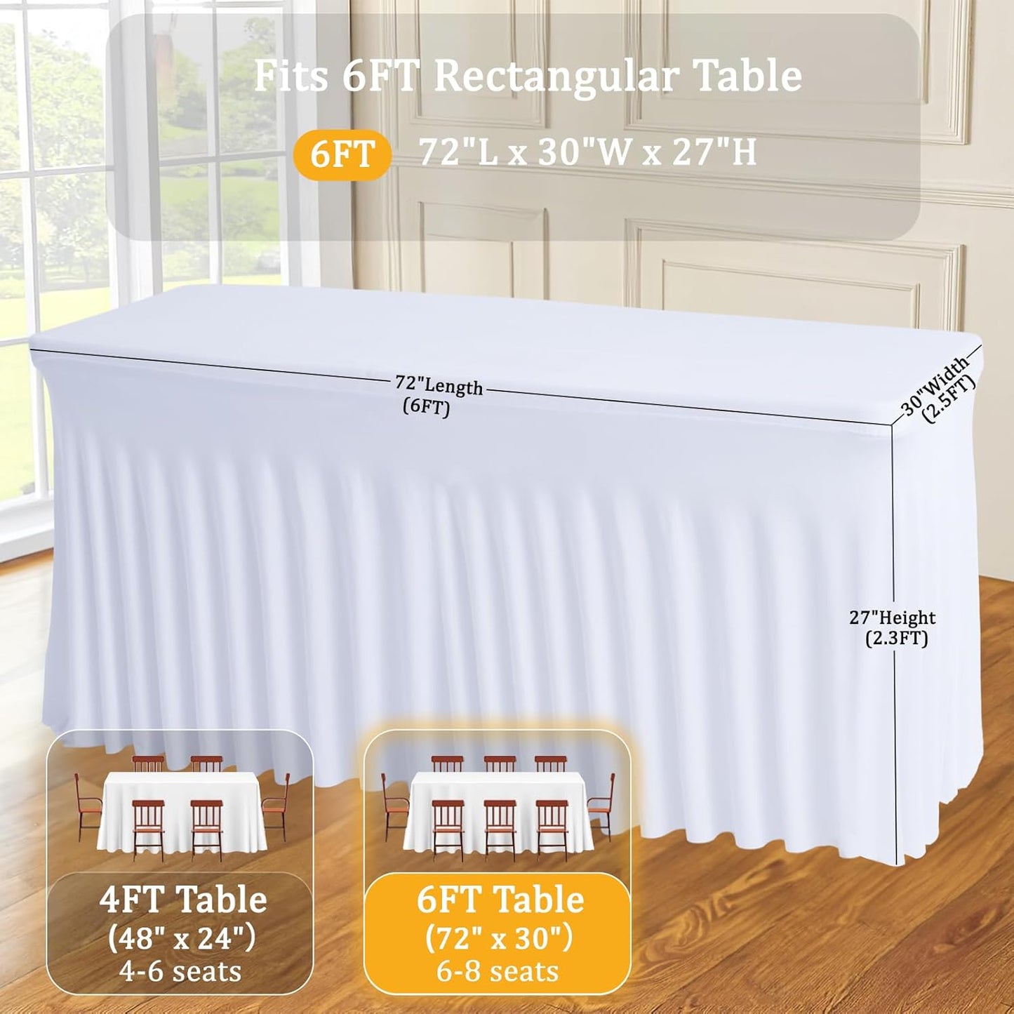 JCJ Table Skirt for Rectangle Tables Set of 2 Spandex Fitted White Tablecloths for 6FT Tables, Wrinkle Resistant Ruffles Elastic Table Cover Skirts for Teacher Desk Weddings Banquets Parties