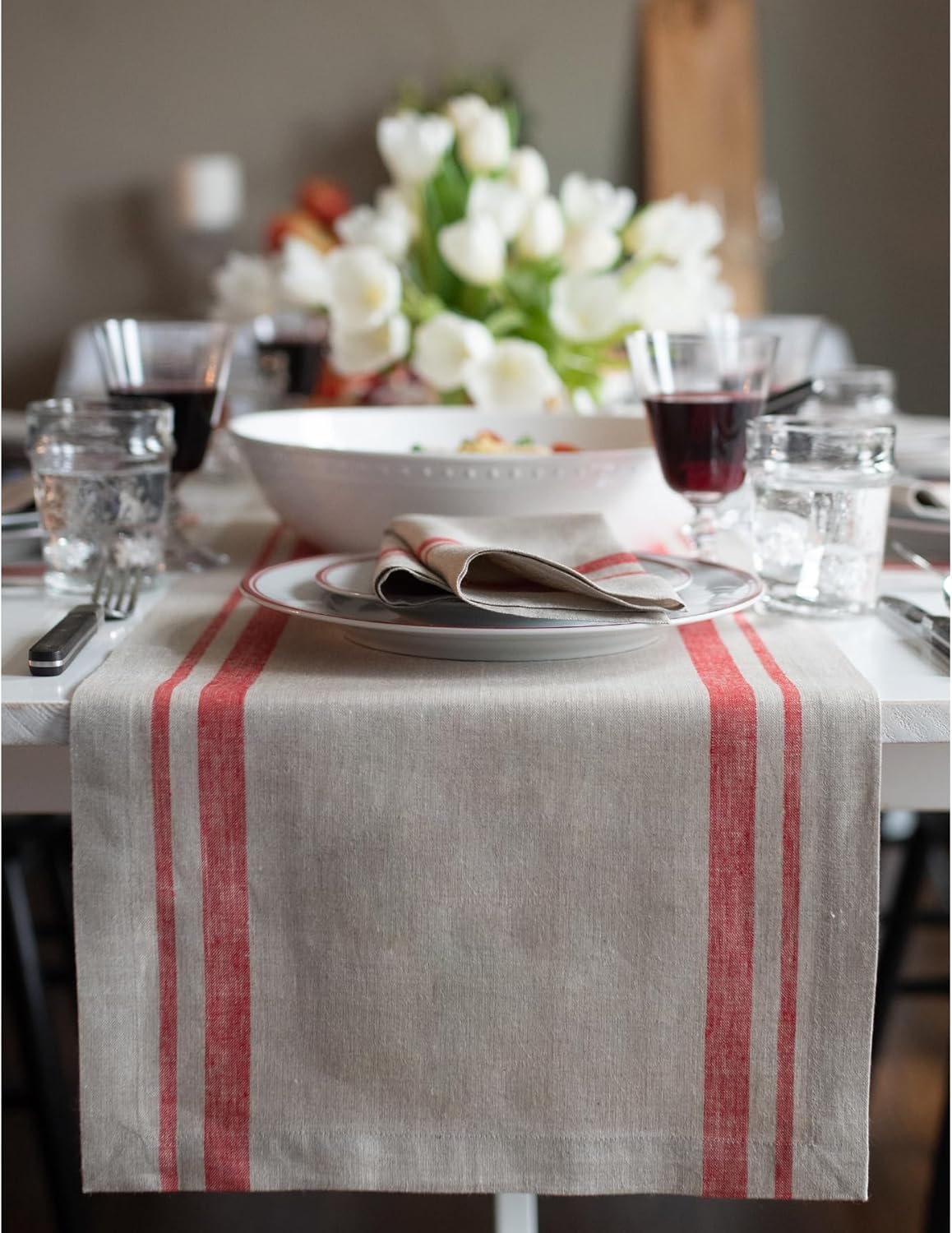 Solino Home Linen Table Runner 156 Inches Long - 100% Pure Linen Red and Natural French Stripe Table Runner 14 x 156 Inch for Dining, Thanksgiving