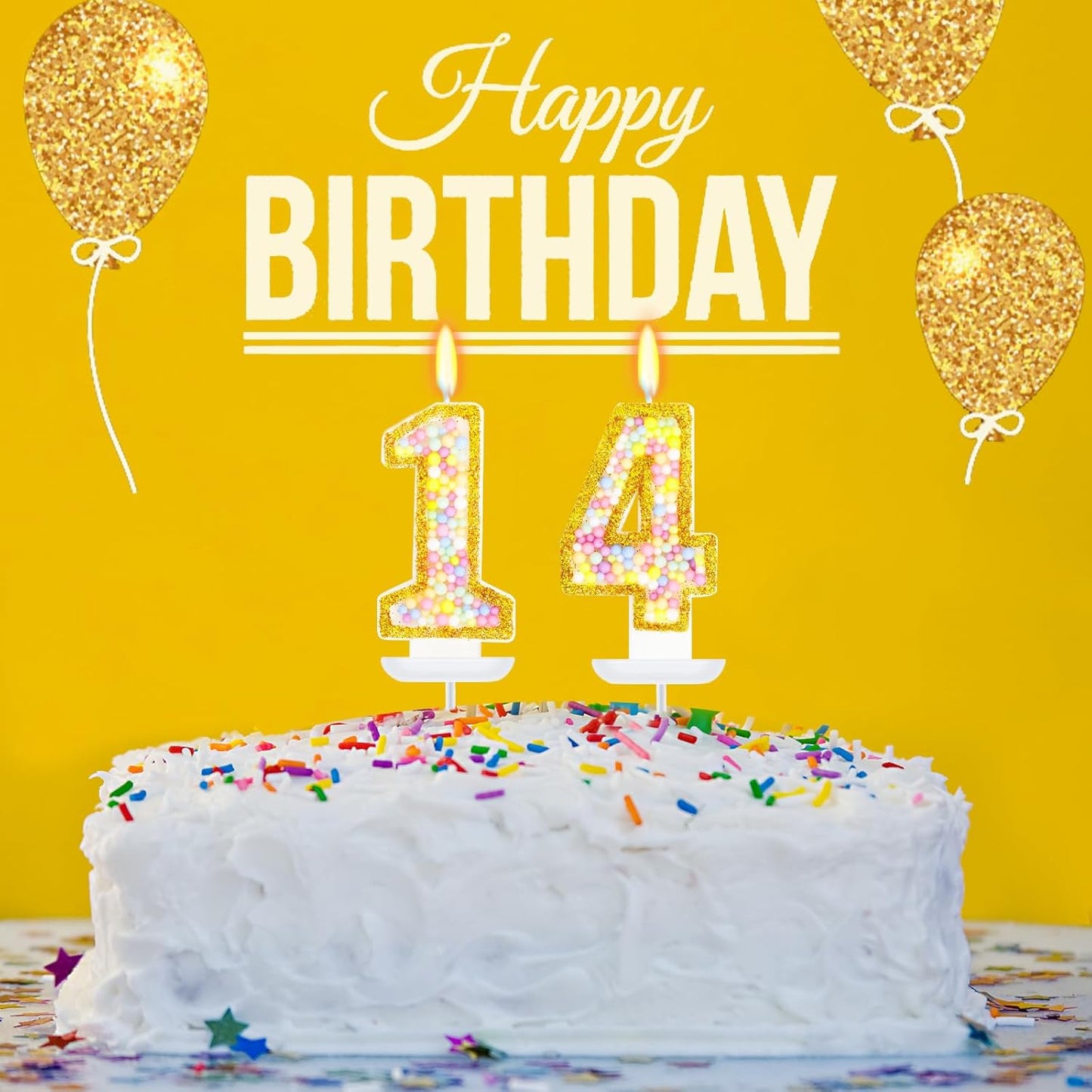 14th Birthday Candle for Cake, Colorful Macaron Numeral Candles for Girls/Boys, Birthday Party Cake Decorations, Golden Cake Topper for Birthday Party Supplies (Number 14)