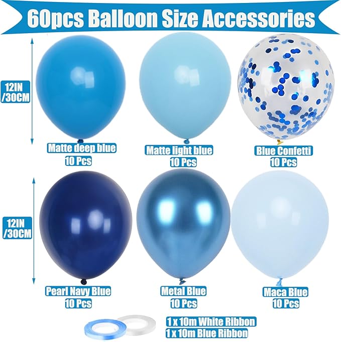 60Pcs 12inch Metallic Macaron Blue Matte Blue Balloons Navy Blue Latex Balloons for Birthday Wedding Baby Shower Boys Men Graduation Party Decoration