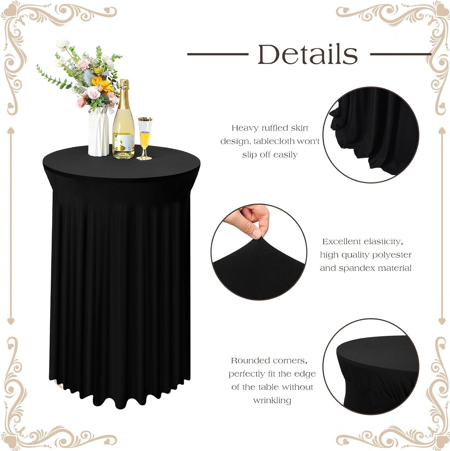 Tegeme 1 Pack 32 x 43 Inch Round Spandex Cocktail Tablecloths with Skirt Cocktail Round Table Cover Spandex Stretch Tablecloth for Fitted High Top Table Bar Wedding Party Banquet (Black)
