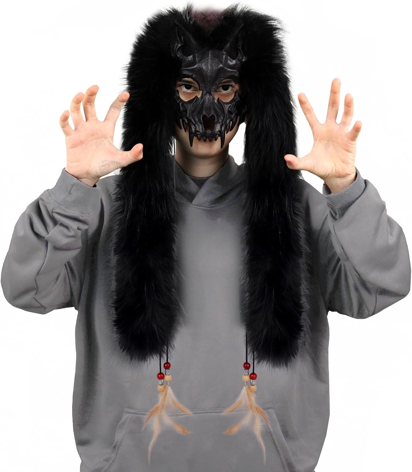 Adolala Faux Fur Furry Animal Wolf Fox Face Mask Werewolf Costume Cosplay Accessory for Halloween Themed Parties