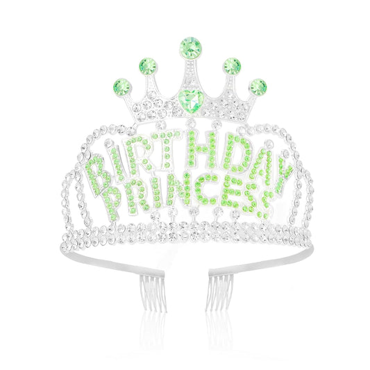 Wecoe Birthday Crown Green Princess Rhinestone Tiara with Combs Happy Birthday Party Favors Pink Decorations 16th 18th 21st 25th Gifts for Her