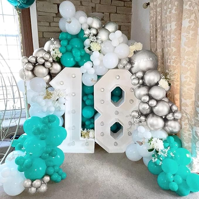 Teal Blue Silver White Balloons Kelfara 60Pcs 12 inch Turquoise Silver White Metallic Confetti Balloons Kit with Ribbons for Wedding Bridal Baby Shower Birthday Graduation Prom Party Decorations