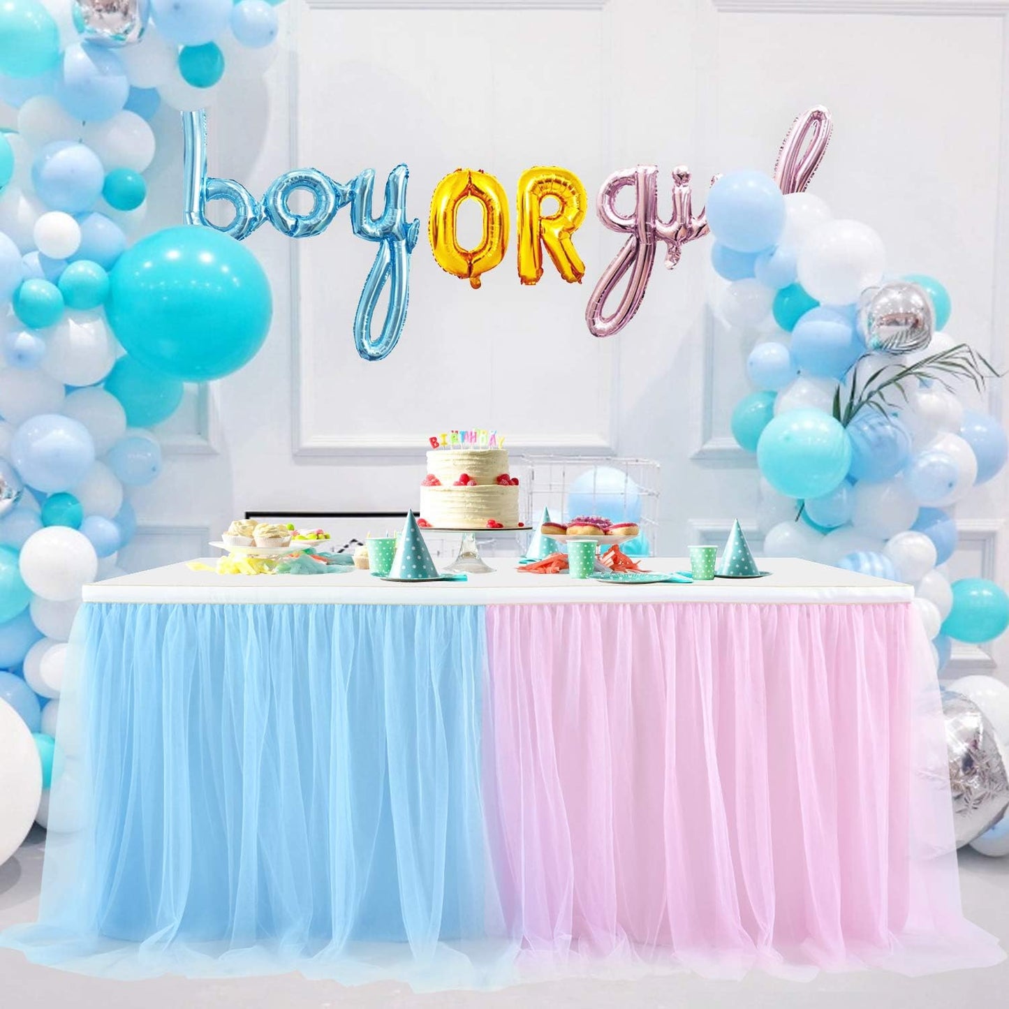 Suppromo 14ft Pink and Blue Tulle Table Skirt for Boy or Girl Gender Reveal Decorations Tutu Table Clothes Cover for Baby Shower Birthday Party Wedding Cake Decorations