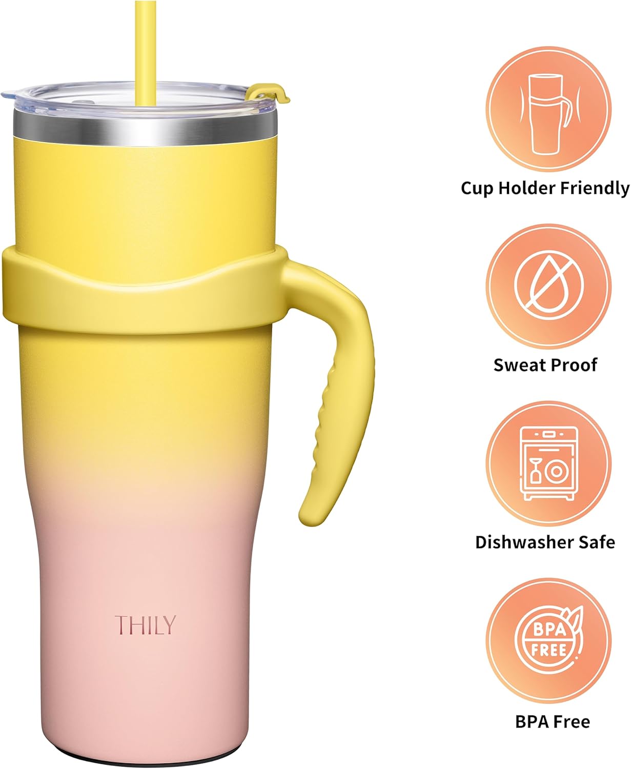 THILY 40 oz Insulated Tumbler with Handle - Stainless Steel Coffee Travel Mug with Lid and Straws, Keep Drinks Cold for 34 Hours or Hot for 12 Hours, BPA Free, Sunset
