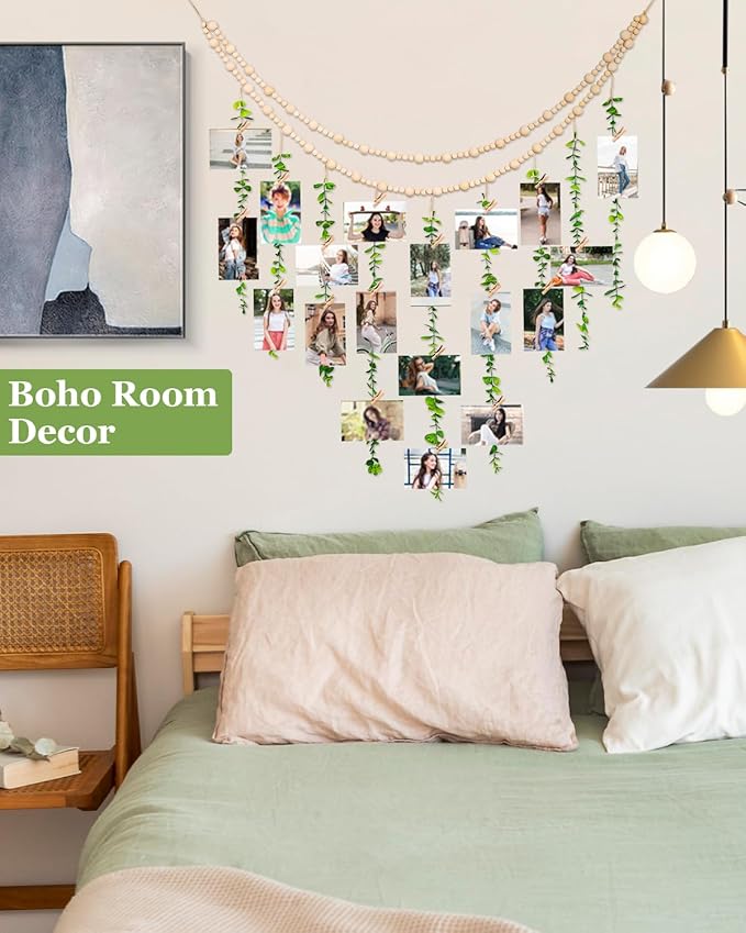 Boho Wall Decor with Photo Hanging Clips, Wooden Beads Garland with Greenery Eucalyptus Decor, Aesthetic Room Essentials for Bedroom, Office Cubicle, Home Wall Decoration