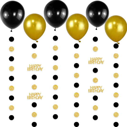 Gold and Black Happy Birthday Decorations, 6PCS Glittery Circle Dots Garland and 6PCS Gold/Black Balloons for Birthday Party Decor Balloon Tails