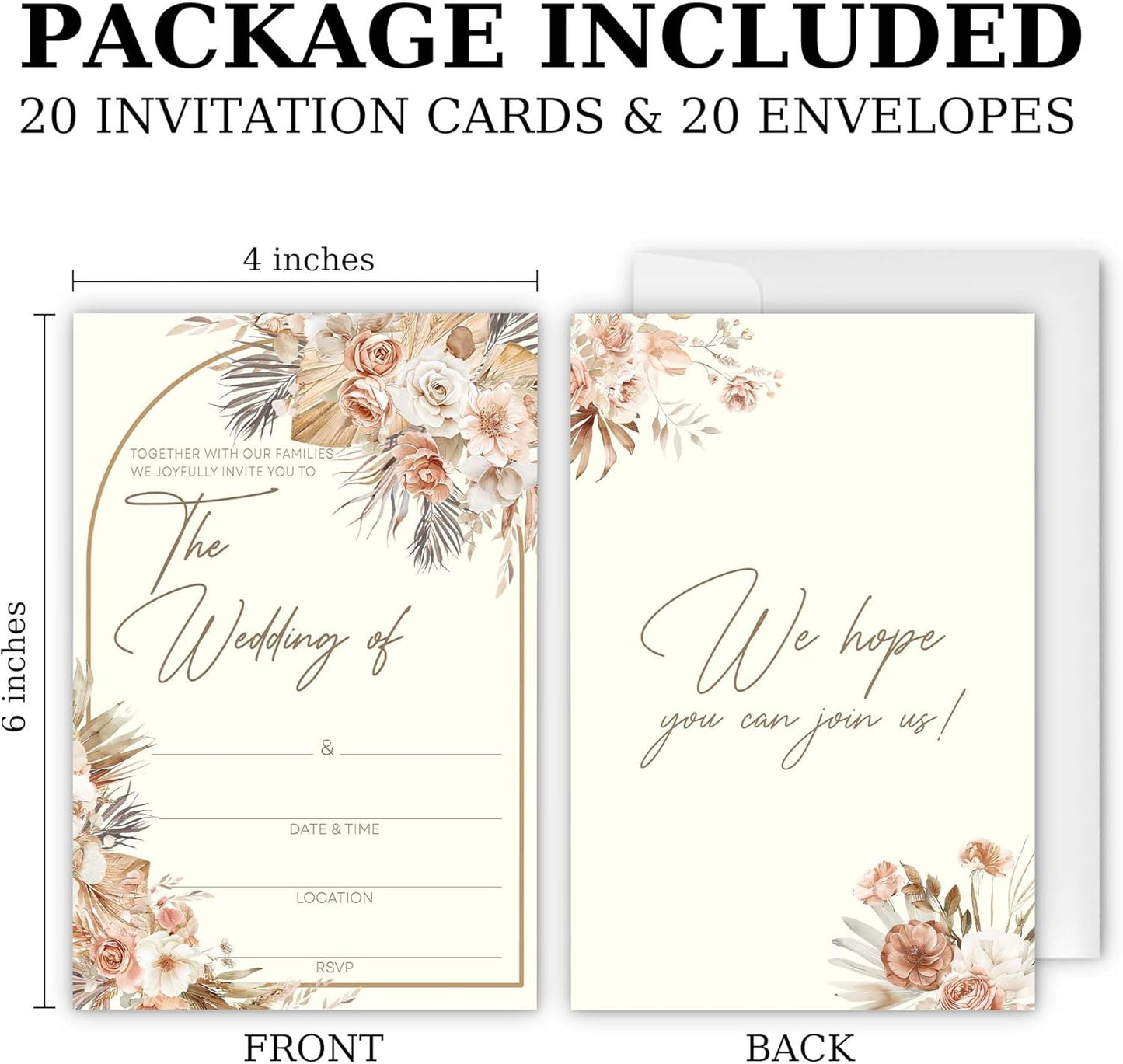 Wedding Invitations With Envelopes And RSVP Cards - Blank Boho Chic Terracotta Floral Wedding Card With Gold Arched Frame - Invitaciones Para Boda Personalizadas Set of 20(4 x 6 Inch)(009)