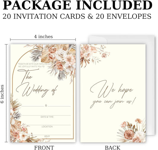 Wedding Invitations With Envelopes And RSVP Cards - Blank Boho Chic Terracotta Floral Wedding Card With Gold Arched Frame - Invitaciones Para Boda Personalizadas Set of 20(4 x 6 Inch)(009)
