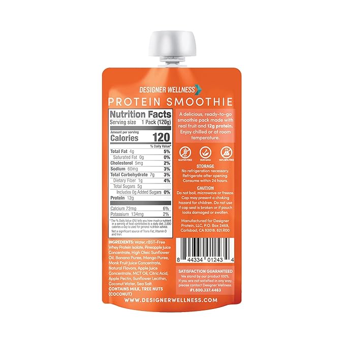 Designer Wellness Protein Smoothie, Real Fruit, 12g Protein, Low Carb, Zero Added Sugar, Gluten-Free, Non-GMO, No Artificial Colors or Flavors, Tropical, 12 Count
