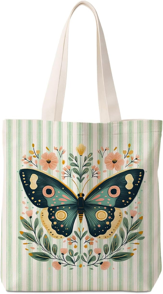 Green Butterfly Floral Tote Bag for Women,Butterfly Canvas Tote Bag for Girls,Green and White Striped Farmhouse Botanical Aesthetic Reusable Shopping Grocery Bags Party Favors