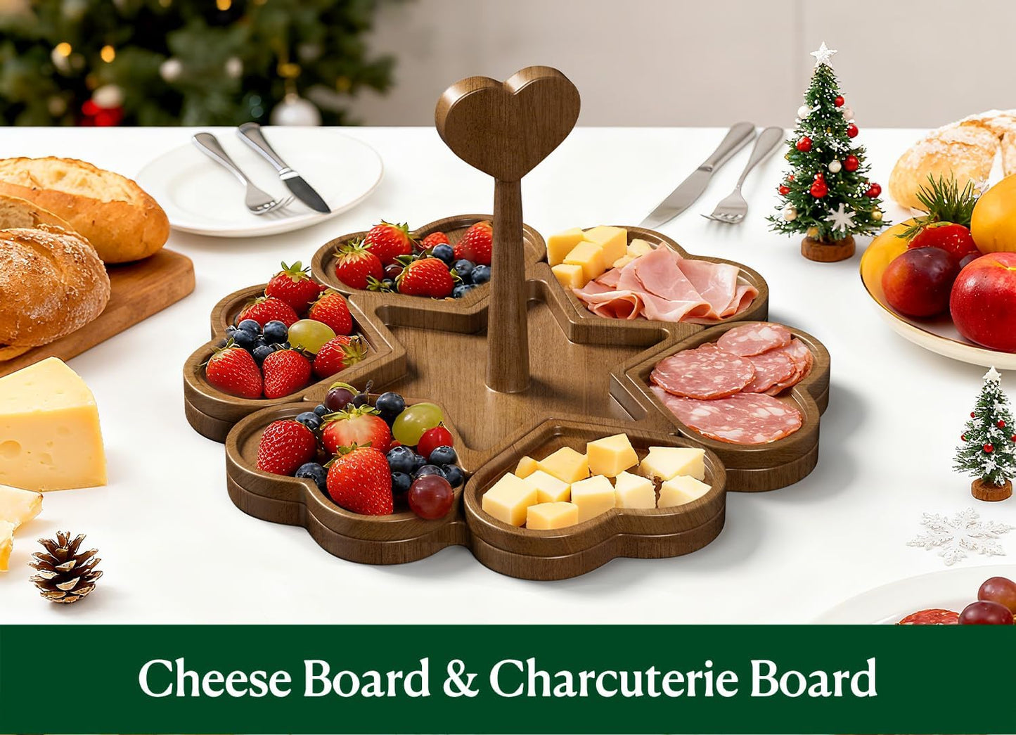 Rubber Wooden Charcuterie Boards Gift Set, Heart Shaped Christmas Funny Charcuterie Board with Handle, Cute Puzzle Snacks Cheese Board Platter Serving Tray for Chirstmas Gift