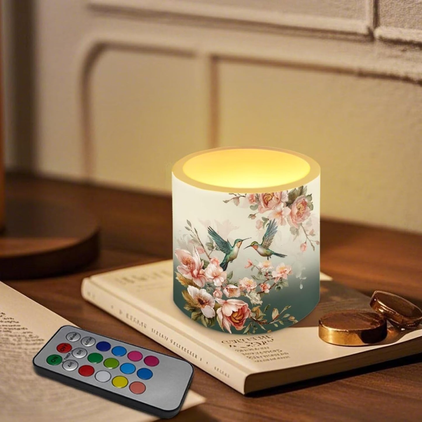 Poceacles Flameless LED Candles Set of 4 Battery Operated Candles with Remote and Timer, Realistic Flickering Tealights for Indoor Outdoor Decor, Hummingbird Floral Pattern