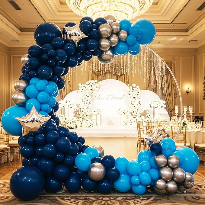 Blue Balloon Arch Kit with 2 Large Silver Star Foil Balloons – Navy & Light Blue Balloon Garland, 5/12/18 inch Blue Balloons for Birthday, Baby Boy Shower, Wedding & Graduation Decorations