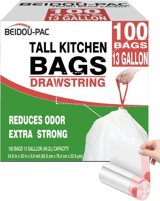 Trash Bags 13 Gallon Drawstring, 100 Count, Multifold Roll Garbage Bags, Tall Kitchen Trash Bag, Odorless & Extra strength White Plastic Food Scrap Bag for Home Office Bathroom Kitchen Bins