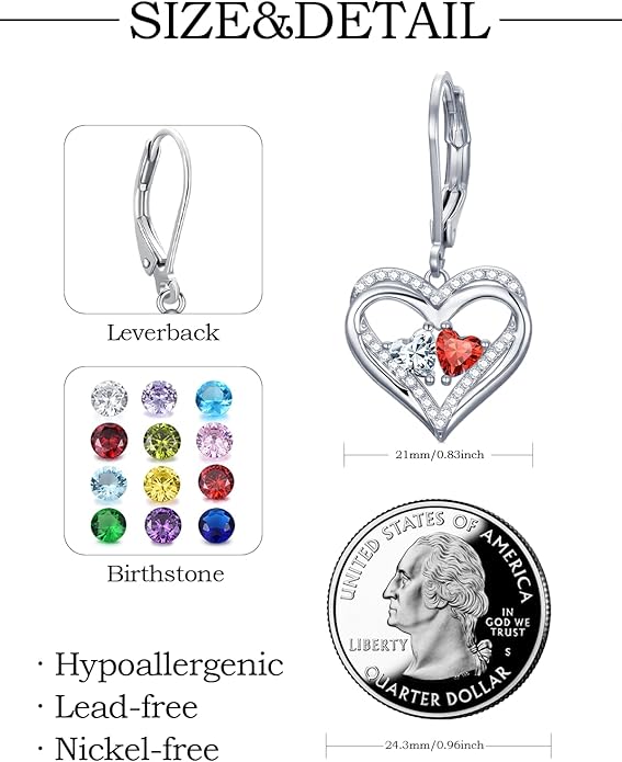Valentines Day Gifts for Women, Heart Leverback Earrings Double Birthstone Dangle Earrings for Women, Love Jewelry for Her, Anniversary Birthday Gift for Mom Wife Girlfriend