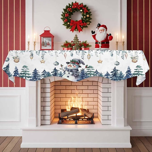 Blue Snowman Christmas Fireplace Mantel Scarf Table Runner, Green Eucalyptus Leaves Xmas Tree Winter Garland Mantel Top Tablerunners Dresser Scarves Cover for Windows Party Living Room 90''x17''
